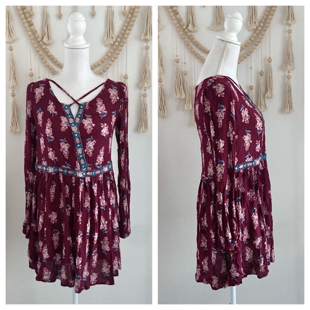 Target mossimo boho mini dress floral long sleeve embellished embroidered medium